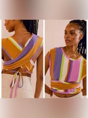 Free People FP Beach Candid Top
Multicolor Striped Cropped Wrap Size M NWT